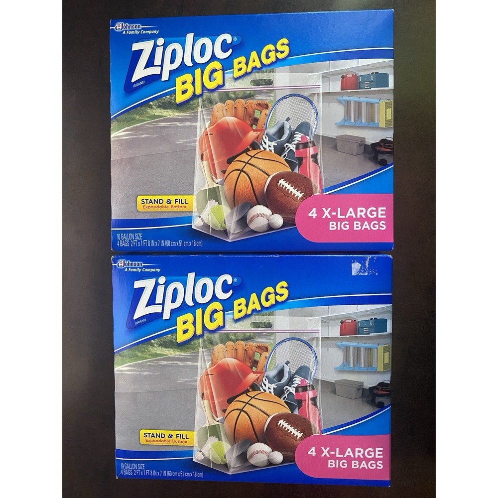 2X NEW Ziploc Big Bags 4 Count XL Stand & Fill Bags Expandable Bottom 2 'X 20"